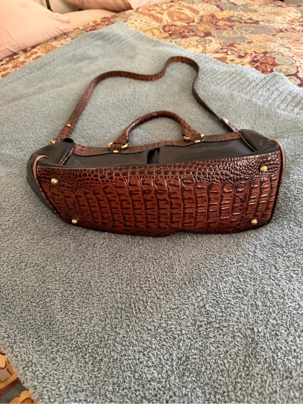 Brahmin Black Leather Satchel Brown Croc Embossed Crossbody Bag
